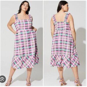 Torrid Plaid Maxi Dress Pink Green Tiered Plus Size 2 Y2K Cottagecore Spring